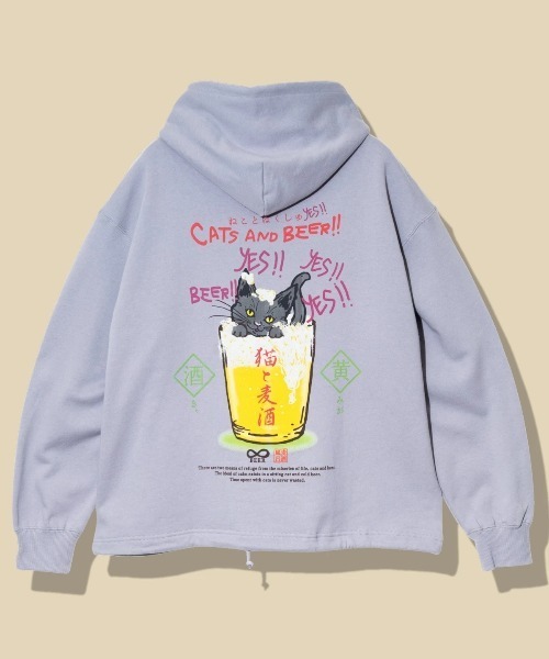 go slow caravan(ゴースローキャラバン)の「空紡糸裏毛 猫と麦酒ヘムスピンドル BOX フーディー(パーカー・メンズ・ブルーグリーン/ラベンダー/アイボリー・SMALL/MEDIUM/LARGE/X-LARGE)」の3枚目の写真