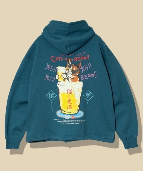 go slow caravan(ゴースローキャラバン)の「空紡糸裏毛 猫と麦酒ヘムスピンドル BOX フーディー(パーカー・メンズ・ブルーグリーン/ラベンダー/アイボリー・SMALL/MEDIUM/LARGE/X-LARGE)」の2枚目の写真