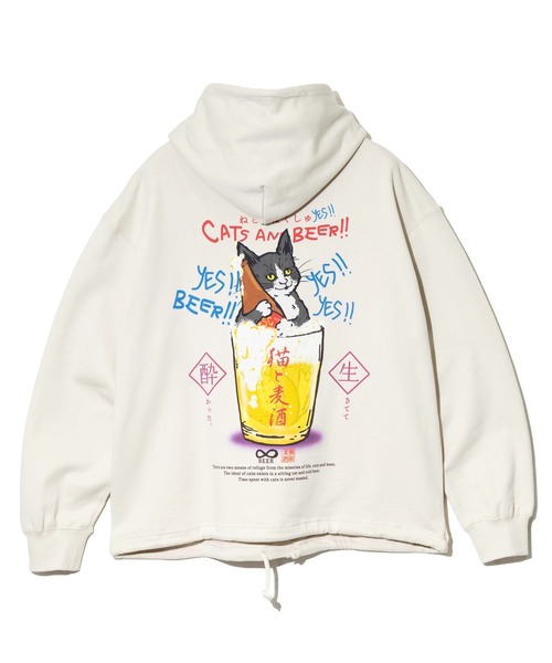 go slow caravan(ゴースローキャラバン)の「空紡糸裏毛 猫と麦酒ヘムスピンドル BOX フーディー(パーカー・メンズ・ブルーグリーン/ラベンダー/アイボリー・SMALL/MEDIUM/LARGE/X-LARGE)」の15枚目の写真