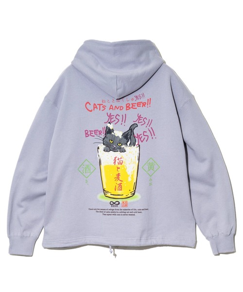 go slow caravan(ゴースローキャラバン)の「空紡糸裏毛 猫と麦酒ヘムスピンドル BOX フーディー(パーカー・メンズ・ブルーグリーン/ラベンダー/アイボリー・SMALL/MEDIUM/LARGE/X-LARGE)」の18枚目の写真