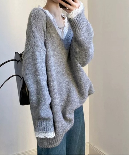 AMAJI（アマジ）の「レースヘムVネックルーズフィットニットトップス（ニット/セーター・レディース・モカ/オフホワイト/グレー・FREE）」の7枚目の写真