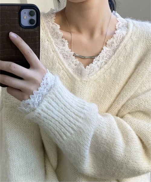 AMAJI（アマジ）の「レースヘムVネックルーズフィットニットトップス（ニット/セーター・レディース・モカ/オフホワイト/グレー・FREE）」の19枚目の写真