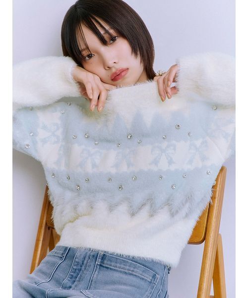 LILY BROWN（リリーブラウン）の「[L.B CANDY STOCK]リボンビジューニット（ニット/セーター・レディース・ホワイト/レッド/ブラック・F）」の2枚目の写真