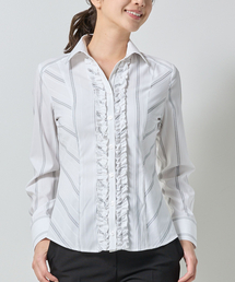 NARACAMICIE | 【NARACAMICIE】ストレッチストライプ襟付きフリル長袖シャツ(シャツ/ブラウス)