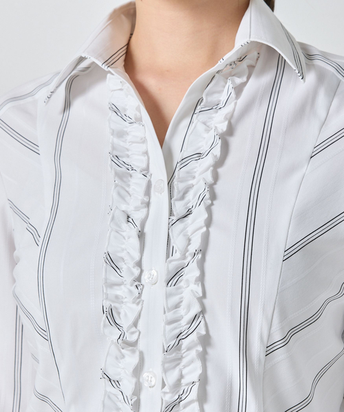 NARACAMICIE（ナラカミーチェ）の「【NARACAMICIE】ストレッチストライプ襟付きフリル長袖シャツ（シャツ/ブラウス・レディース・ホワイト/ブラック・M/L）」の8枚目の写真