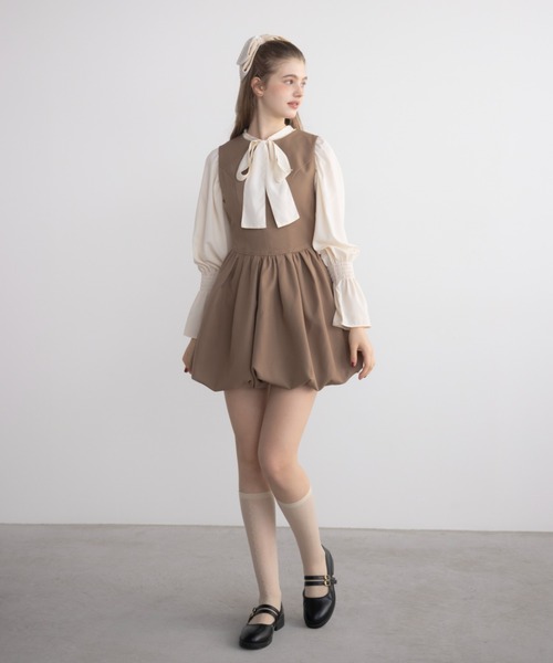 idem（イデム）の「balloon mini onepiece / ノースリバルーンミニワンピ（ジャンパースカート・レディース・ブラック/モカ・FREE）」の5枚目の写真