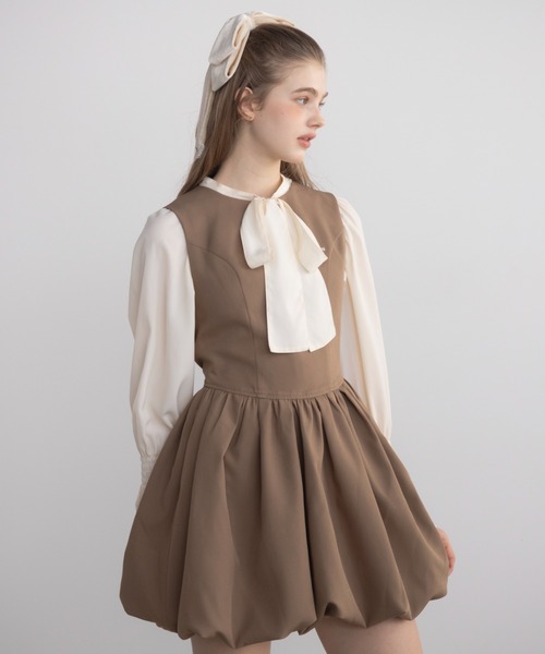 idem（イデム）の「balloon mini onepiece / ノースリバルーンミニワンピ（ジャンパースカート・レディース・ブラック/モカ・FREE）」の4枚目の写真