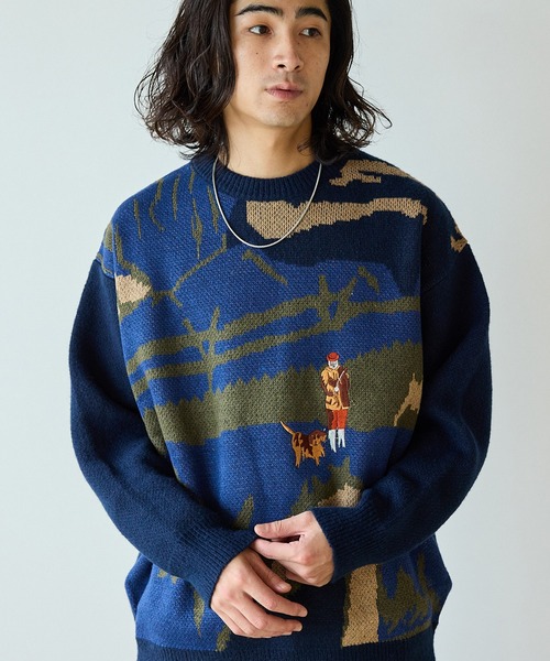 ALL RUNS(オールランズ)の「ヴィンテージライクジャガードルーズニット 冬服(ニット/セーター・メンズ・ブルー/ネイビー/グリーン・FREE)」の1枚目の写真
