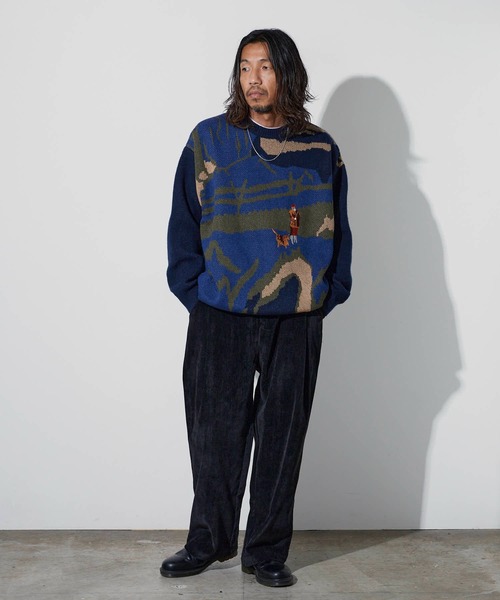 ALL RUNS(オールランズ)の「ヴィンテージライクジャガードルーズニット 冬服(ニット/セーター・メンズ・ブルー/ネイビー/グリーン・FREE)」の5枚目の写真