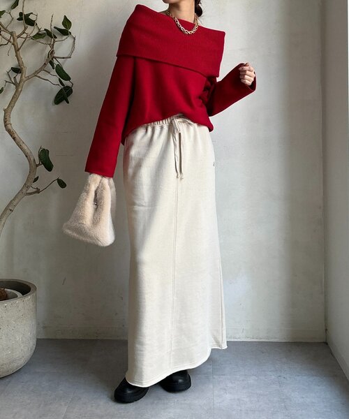 DouDou(ドゥドゥ)の「裏起毛DD刺繍スカート(スカート・レディース・ブラック/アイボリー/チャコールグレー・FREE)」の10枚目の写真