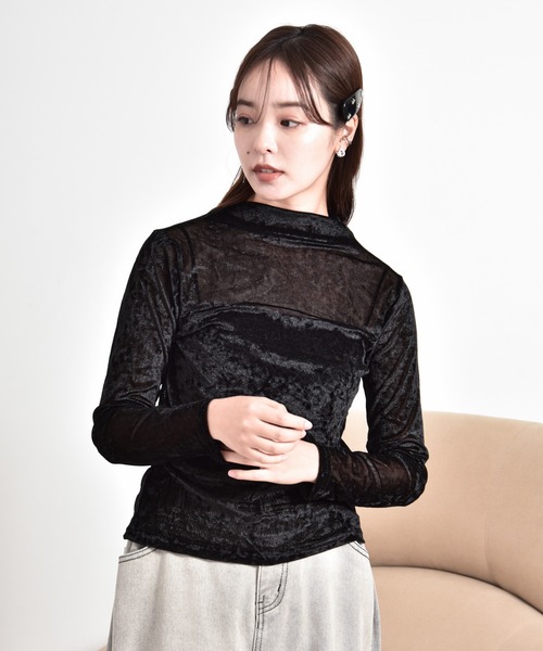 Y/lim(イリム)の「シアーベロアモックネックTシャツ(Tシャツ/カットソー・レディース・オフホワイト/グレー/ブラック/ベージュ・FREE)」の2枚目の写真