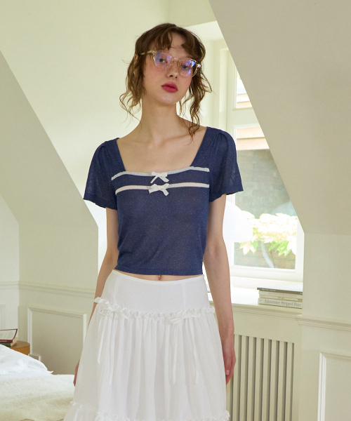 SALON DE YOHN(サロンドヨーン)の「Ribbon Square Neck Crop Knit_ Navy(Tシャツ/カットソー・レディース・その他・MEDIUM/SMALL)」の2枚目の写真