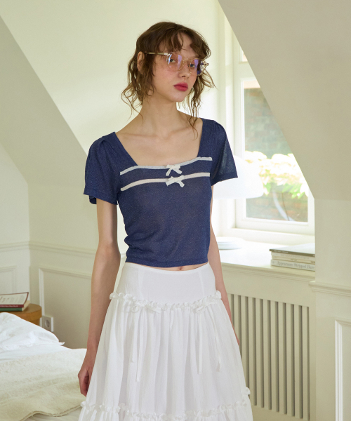 SALON DE YOHN(サロンドヨーン)の「Ribbon Square Neck Crop Knit_ Navy(Tシャツ/カットソー・レディース・その他・MEDIUM/SMALL)」の3枚目の写真
