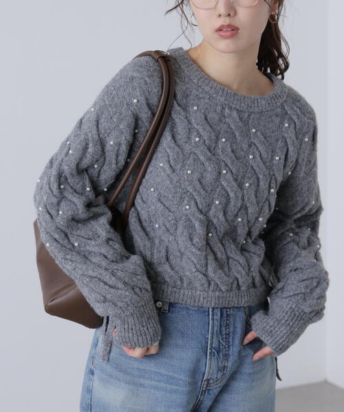 FREE'S MART（フリーズマート）の「ウエストゴムパールミックスケーブルドロストニット（ニット/セーター・レディース・ネイビー/グレー/レッド/ブラウン/ホワイト・FREE）」の7枚目の写真