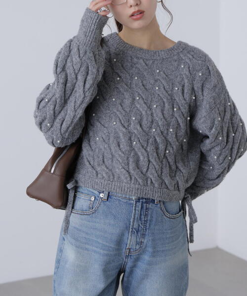 FREE'S MART（フリーズマート）の「ウエストゴムパールミックスケーブルドロストニット（ニット/セーター・レディース・ネイビー/グレー/レッド/ブラウン/ホワイト・FREE）」の9枚目の写真