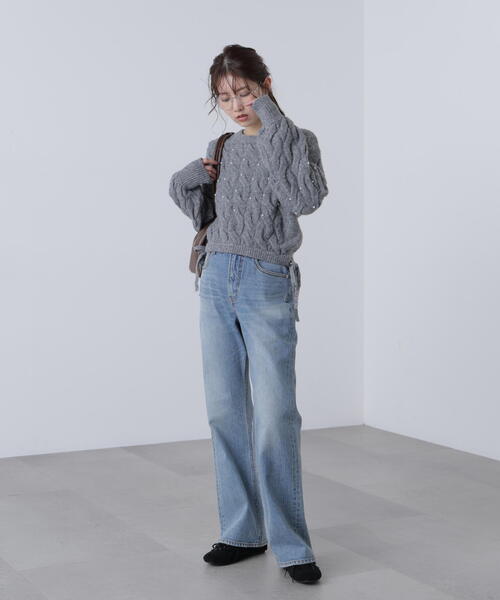 FREE'S MART（フリーズマート）の「ウエストゴムパールミックスケーブルドロストニット（ニット/セーター・レディース・ネイビー/グレー/レッド/ブラウン/ホワイト・FREE）」の10枚目の写真