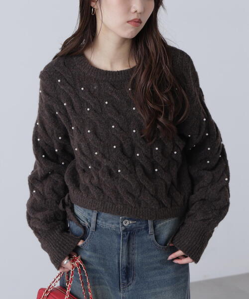 FREE'S MART（フリーズマート）の「ウエストゴムパールミックスケーブルドロストニット（ニット/セーター・レディース・ネイビー/グレー/レッド/ブラウン/ホワイト・FREE）」の13枚目の写真