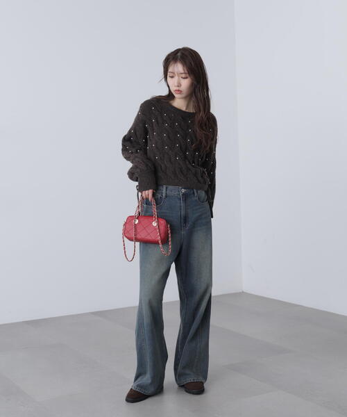 FREE'S MART（フリーズマート）の「ウエストゴムパールミックスケーブルドロストニット（ニット/セーター・レディース・ネイビー/グレー/レッド/ブラウン/ホワイト・FREE）」の19枚目の写真