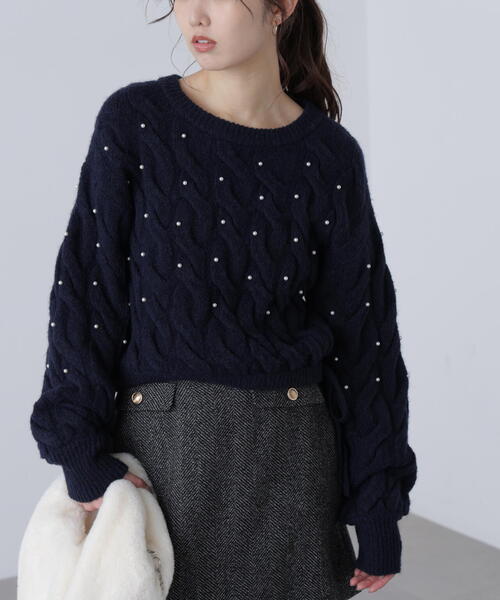 FREE'S MART（フリーズマート）の「ウエストゴムパールミックスケーブルドロストニット（ニット/セーター・レディース・ネイビー/グレー/レッド/ブラウン/ホワイト・FREE）」の18枚目の写真