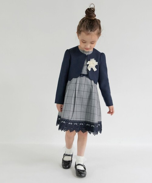 【フォーマル】ジャケット＋グレンチェックジャカードワンピース＋コサージュ　３点セット