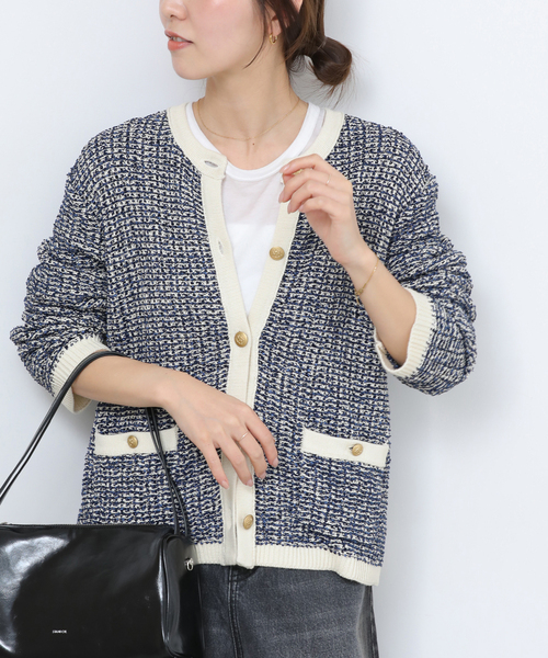 JOURNAL STANDARD relume(ジャーナルスタンダード レリューム)の「ツイーディーミックスニットジャケット(カーディガン/ボレロ・レディース・ブラック/ブルー系その他・FREE)」の2枚目の写真