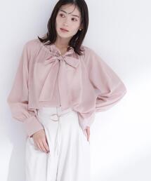 タグ付き新品MARLENE DAMオレンジ シルク30%リボンブラウス40 ブラウス トップス シャツ リボンタイ 無地 長袖 とろみシャツ