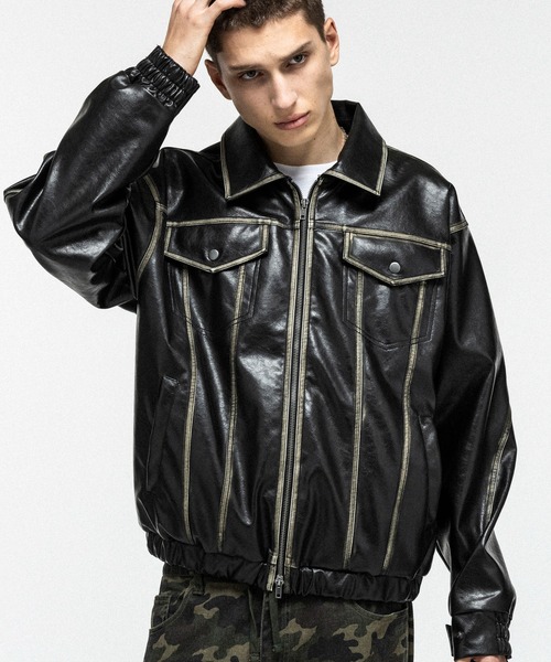ILL'S（イルズ）の「VINTAGE-LIKE FAUX LEATHER BLOUSON / ヴィンテージライクフェイクレザーブルゾン メンズ レディース ユニセックス（ブルゾン・メンズ・ブラック/カーキ・M/L）」の2枚目の写真