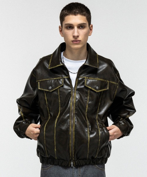 ILL'S（イルズ）の「VINTAGE-LIKE FAUX LEATHER BLOUSON / ヴィンテージライクフェイクレザーブルゾン メンズ レディース ユニセックス（ブルゾン・メンズ・ブラック/カーキ・M/L）」の16枚目の写真
