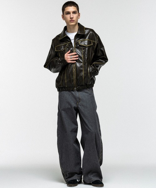 ILL'S（イルズ）の「VINTAGE-LIKE FAUX LEATHER BLOUSON / ヴィンテージライクフェイクレザーブルゾン メンズ レディース ユニセックス（ブルゾン・メンズ・ブラック/カーキ・M/L）」の21枚目の写真