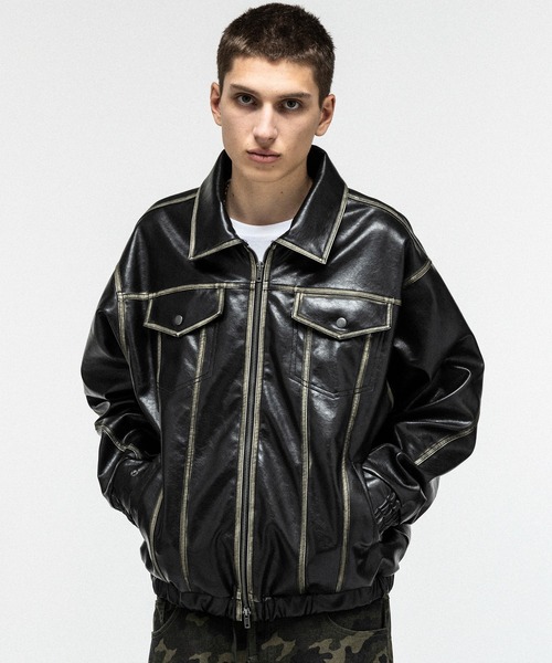 ILL'S（イルズ）の「VINTAGE-LIKE FAUX LEATHER BLOUSON / ヴィンテージライクフェイクレザーブルゾン メンズ レディース ユニセックス（ブルゾン・メンズ・ブラック/カーキ・M/L）」の12枚目の写真