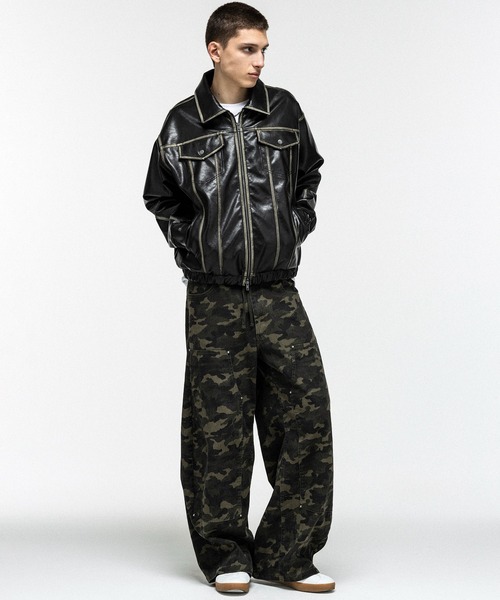 ILL'S（イルズ）の「VINTAGE-LIKE FAUX LEATHER BLOUSON / ヴィンテージライクフェイクレザーブルゾン メンズ レディース ユニセックス（ブルゾン・メンズ・ブラック/カーキ・M/L）」の3枚目の写真