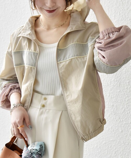 SHIPS any:〈洗濯機可能〉ナイロン スタンドカラー 配色 ジップ