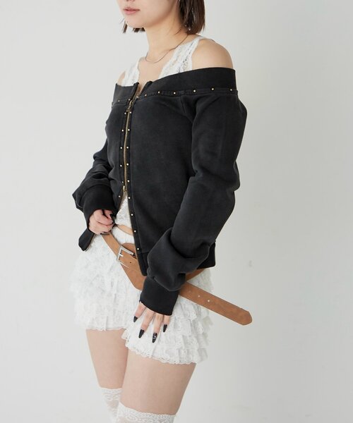 WHO'S WHO gallery（フーズフーギャラリー）の「フロントジップスタッズオフショル（Tシャツ/カットソー・レディース・アイボリー/カーキ/チャコールグレー・FREE）」の5枚目の写真