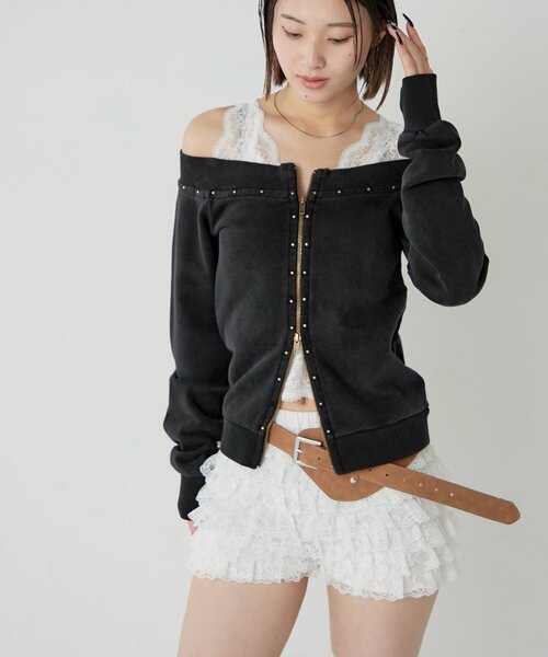 WHO'S WHO gallery（フーズフーギャラリー）の「フロントジップスタッズオフショル（Tシャツ/カットソー・レディース・アイボリー/カーキ/チャコールグレー・FREE）」の6枚目の写真