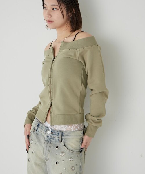 WHO'S WHO gallery（フーズフーギャラリー）の「フロントジップスタッズオフショル（Tシャツ/カットソー・レディース・アイボリー/カーキ/チャコールグレー・FREE）」の15枚目の写真