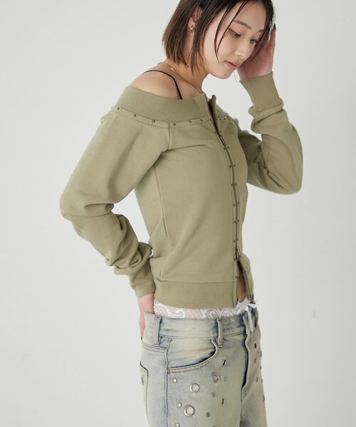 WHO'S WHO gallery（フーズフーギャラリー）の「フロントジップスタッズオフショル（Tシャツ/カットソー・レディース・アイボリー/カーキ/チャコールグレー・FREE）」の16枚目の写真