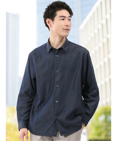 TAKA-Q(タカキュー)の「シャツ メンズ 長袖 綿 コットン シャンブレー レギュラーカラー ややゆったり ルーズフィット (シャツ/ブラウス・メンズ・ネイビー・MEDIUM/LARGE/X-LARGE)」の1枚目の写真