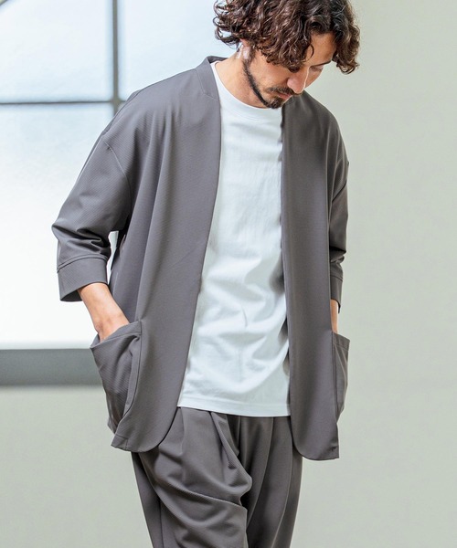 Magine（マージン）の「mj11380- Nylon Spandex Fine Rib Knit Fabric Lapel Less Relax Fit Seven Sleeve Jacket 七分袖ラペルレスジャケット(MGN-261-008)（ノーカラージャケット・メンズ・ネイビー/ブラック/グレー・48/46/44）」の19枚目の写真