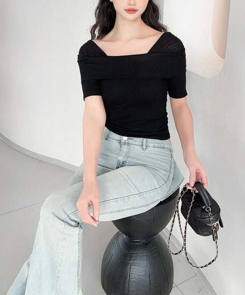 Jasmine Grandiflorum（ジャスミングランディフローラム）の「【Jasmine】メッシュ切り替えオフショルTシャツ (SS)（Tシャツ/カットソー・レディース・ホワイト/ライトベージュ/ブラック・FREE）」の7枚目の写真