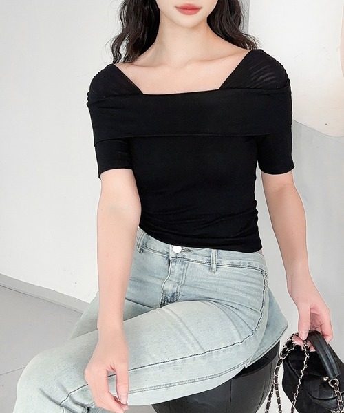 Jasmine Grandiflorum（ジャスミングランディフローラム）の「【Jasmine】メッシュ切り替えオフショルTシャツ (SS)（Tシャツ/カットソー・レディース・ホワイト/ライトベージュ/ブラック・FREE）」の10枚目の写真