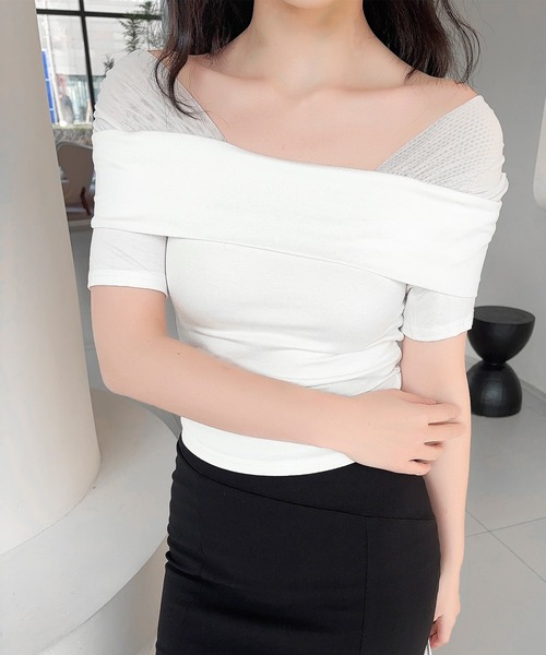 Jasmine Grandiflorum（ジャスミングランディフローラム）の「【Jasmine】メッシュ切り替えオフショルTシャツ (SS)（Tシャツ/カットソー・レディース・ホワイト/ライトベージュ/ブラック・FREE）」の15枚目の写真
