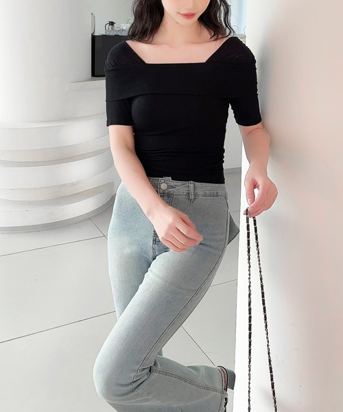 Jasmine Grandiflorum（ジャスミングランディフローラム）の「【Jasmine】メッシュ切り替えオフショルTシャツ (SS)（Tシャツ/カットソー・レディース・ホワイト/ライトベージュ/ブラック・FREE）」の6枚目の写真