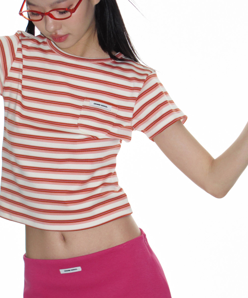 CRANK（クランク）の「ストライプポケットTシャツ_オレンジ（Tシャツ/カットソー・レディース・その他・FREE）」の2枚目の写真