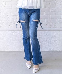 clear（クリア）の「【低身長対応／サイズ展開あり】サイドスリットリボン付きフレアデニムパンツ[カジュアル  ガーリー 春夏 フェミニン]（デニムパンツ）」