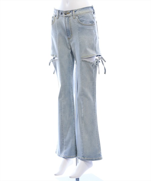 clear（クリア）の「【低身長対応／サイズ展開あり】サイドスリットリボン付きフレアデニムパンツ[カジュアル  ガーリー 着回し抜群 フェミニン]（デニムパンツ・レディース・ライトブルー/ブラック・S/PS/M）」の14枚目の写真