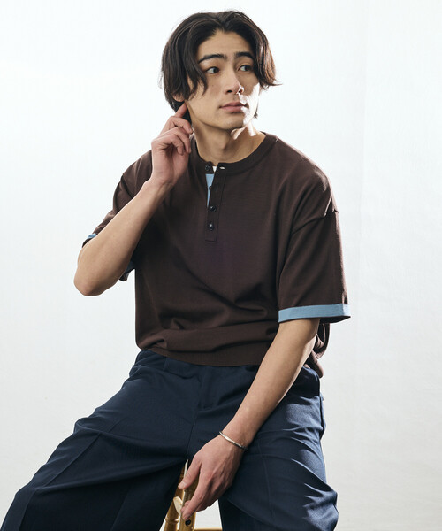 FREAK'S STORE（フリークスストア）の「限定展開 Relax Fit リラックスフィット クールタッチ 配色ヘンリーネック プルオーバー（その他トップス・メンズ・ブラック/チャコールグレー/ブラウン/ネイビー・LARGE/MEDIUM）」の3枚目の写真