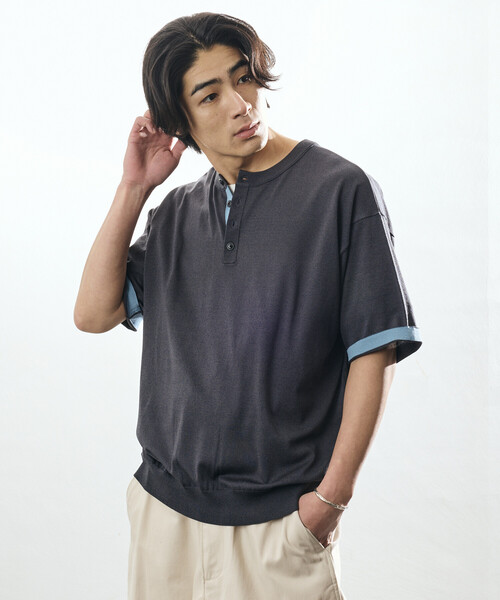 FREAK'S STORE（フリークスストア）の「限定展開 Relax Fit リラックスフィット クールタッチ 配色ヘンリーネック プルオーバー（その他トップス・メンズ・ブラック/チャコールグレー/ブラウン/ネイビー・LARGE/MEDIUM）」の20枚目の写真