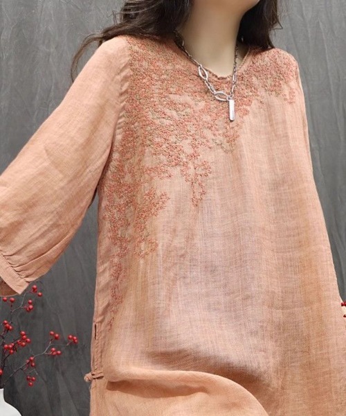 Flugge(フラッジー)の「七分袖刺繍チュニックトップス(Tシャツ/カットソー・レディース・ピンク/ブルー/グレー/グリーン・FREE)」の12枚目の写真