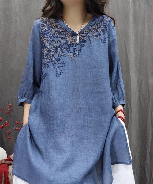 Flugge(フラッジー)の「七分袖刺繍チュニックトップス(Tシャツ/カットソー・レディース・ピンク/ブルー/グレー/グリーン・FREE)」の10枚目の写真
