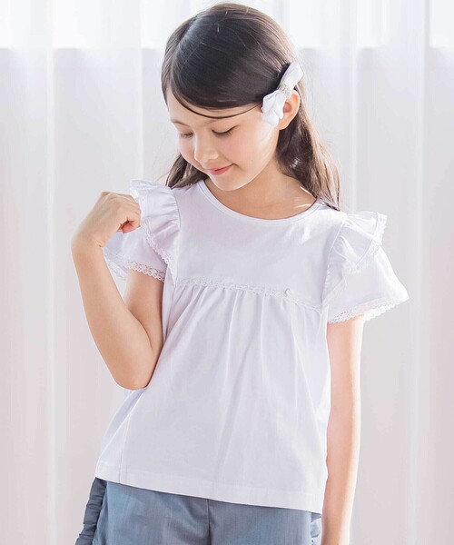 Tartine et Chocolat(タルティーヌエショコラ)の「ベア天竺フリルレースTシャツ(100~140cm)(Tシャツ/カットソー・キッズ・ホワイト・110cm/120cm/130cm/140cm)」の1枚目の写真